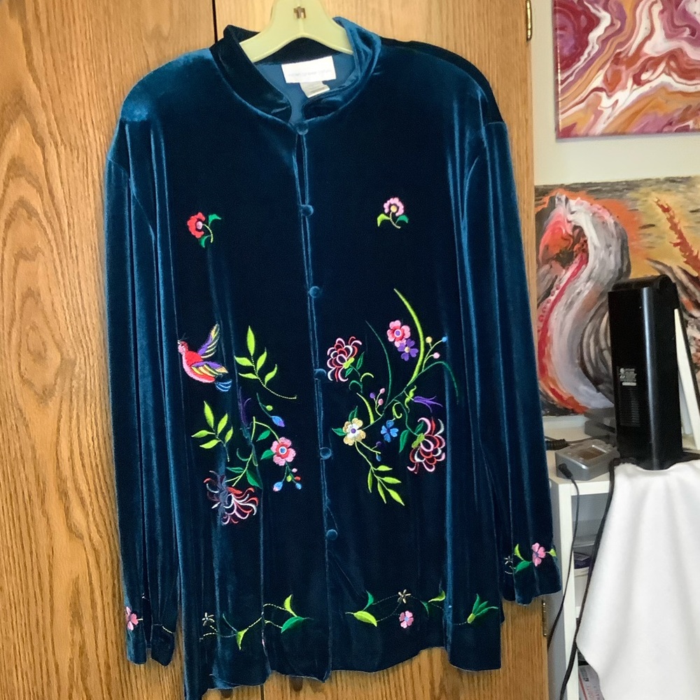 Susan Graver Teal Velvet Embroidered Top